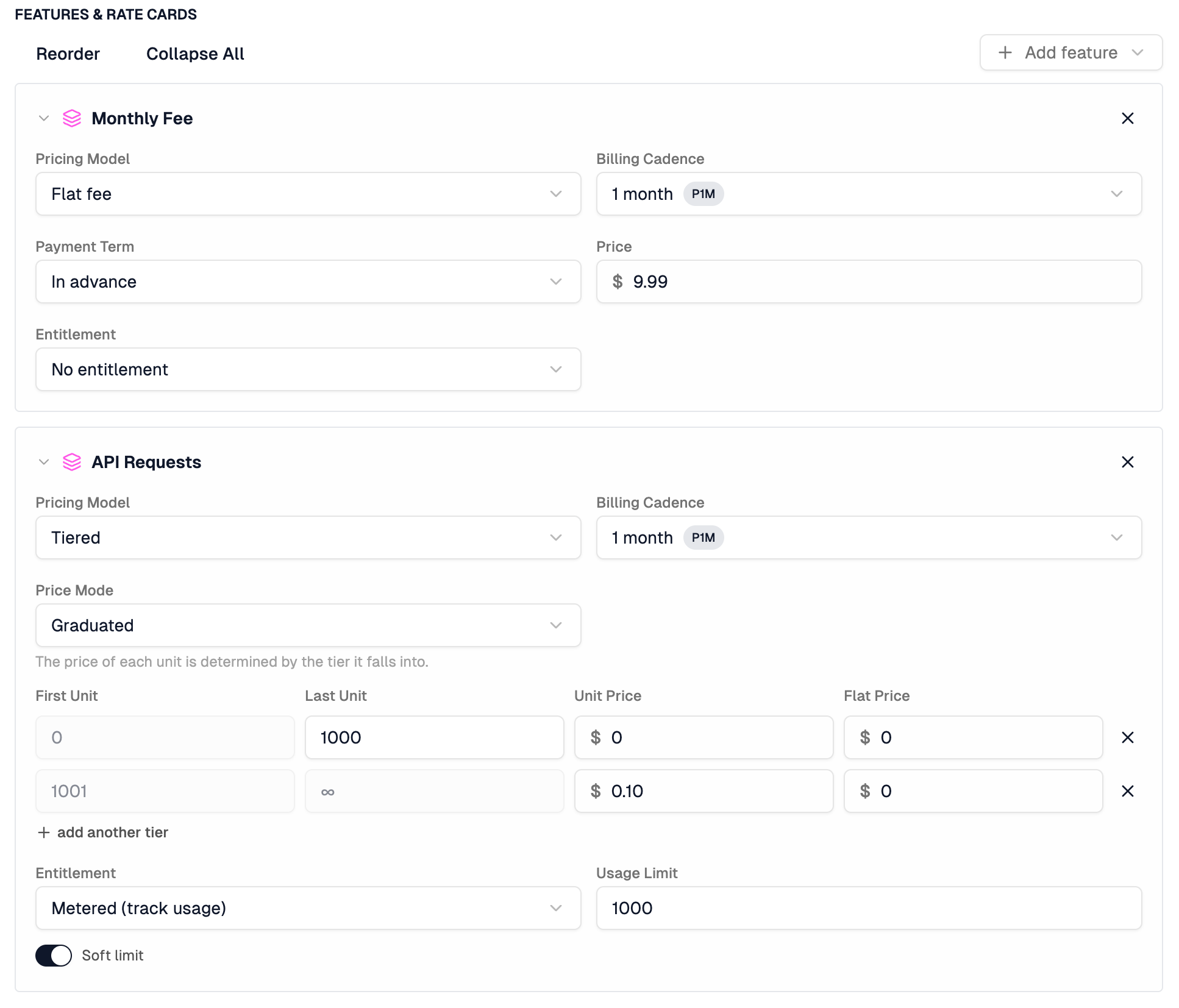 A completed features and rate cards section